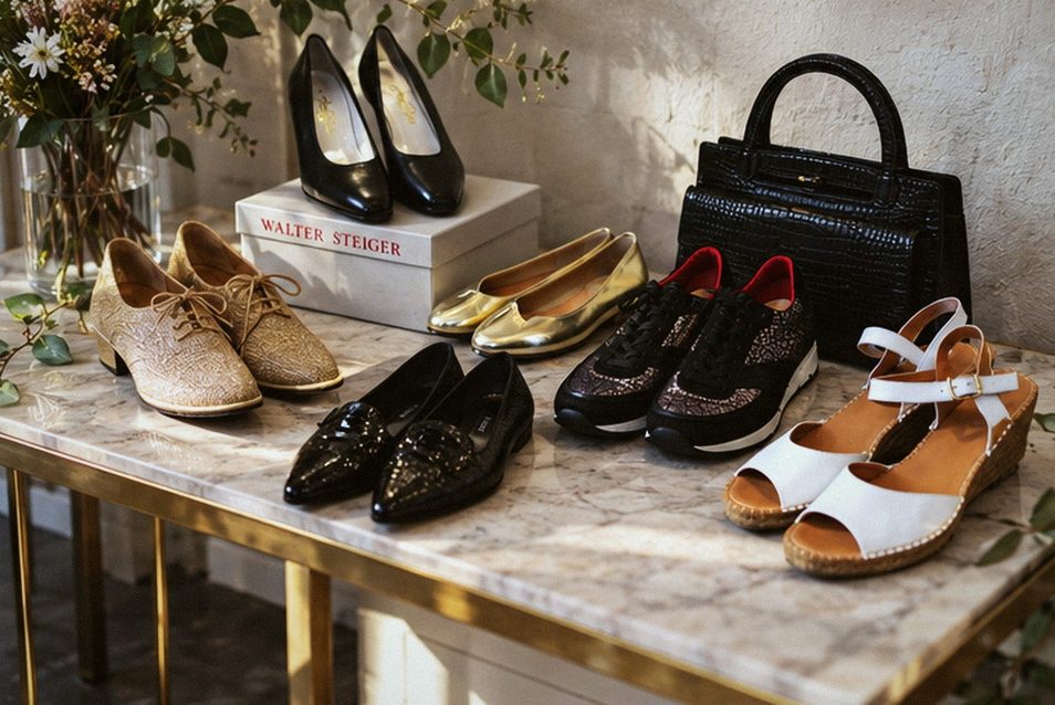Shoes and a black handbag arranged on a marble table