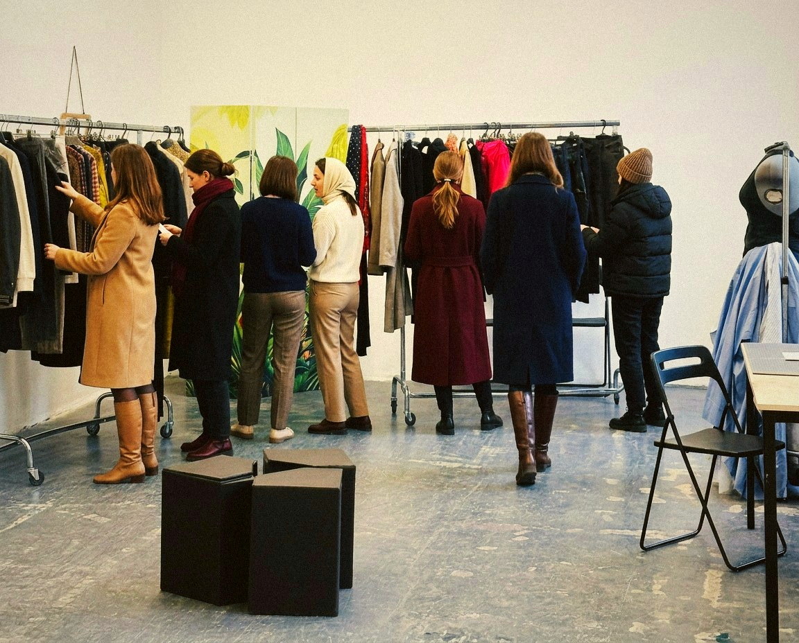 Women seen from behind browsing curated garments on rails